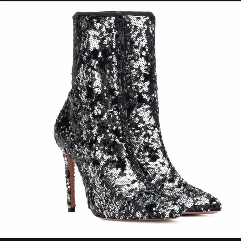 Aquazzura Silver and Black Sequin Heeled Boots